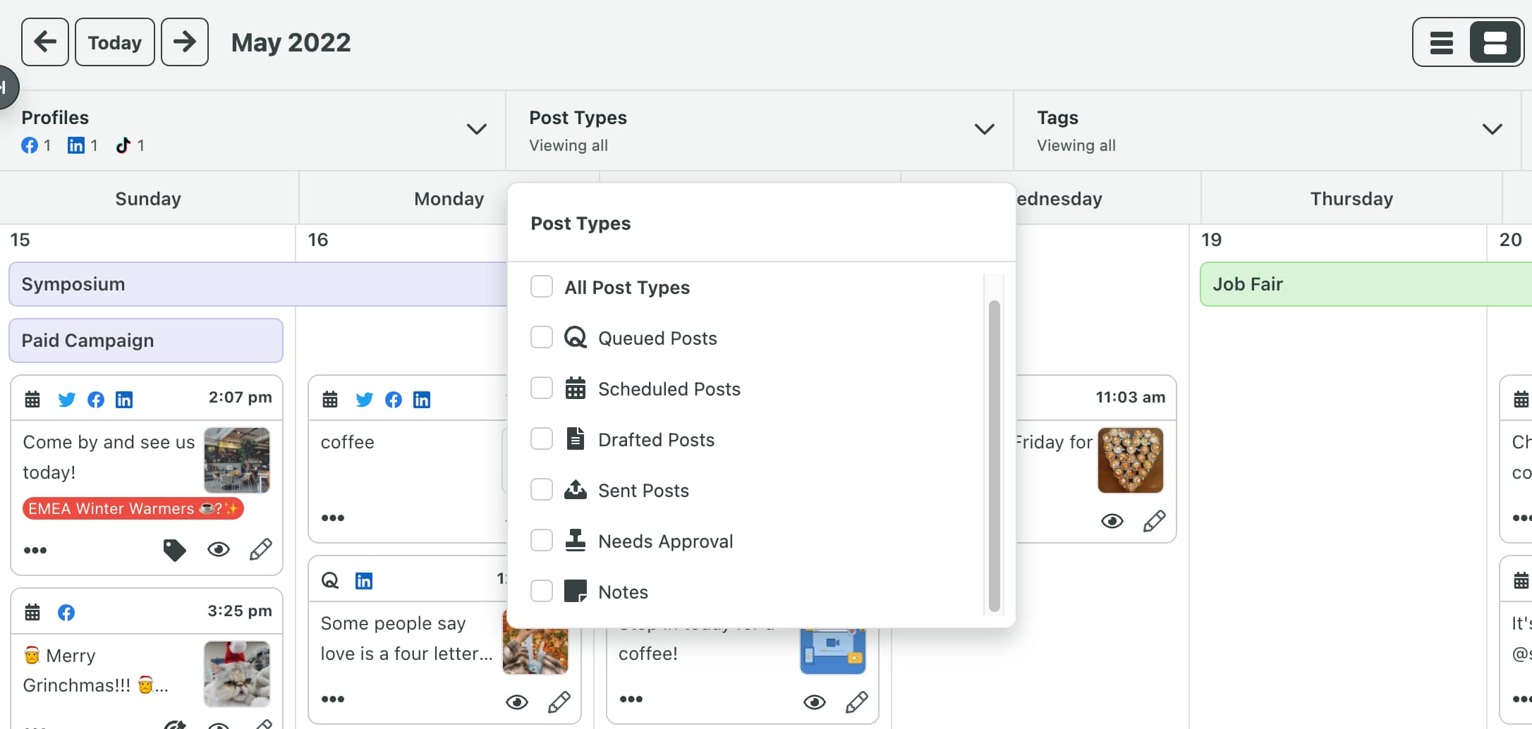 Post types dropdown in Sprout Social