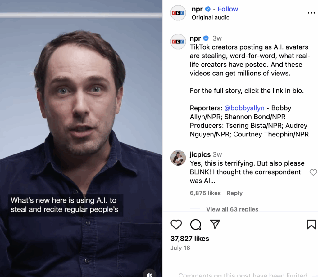 A still frame of an NPR video describing recent events of AI influencers misusing creator's intellectual property