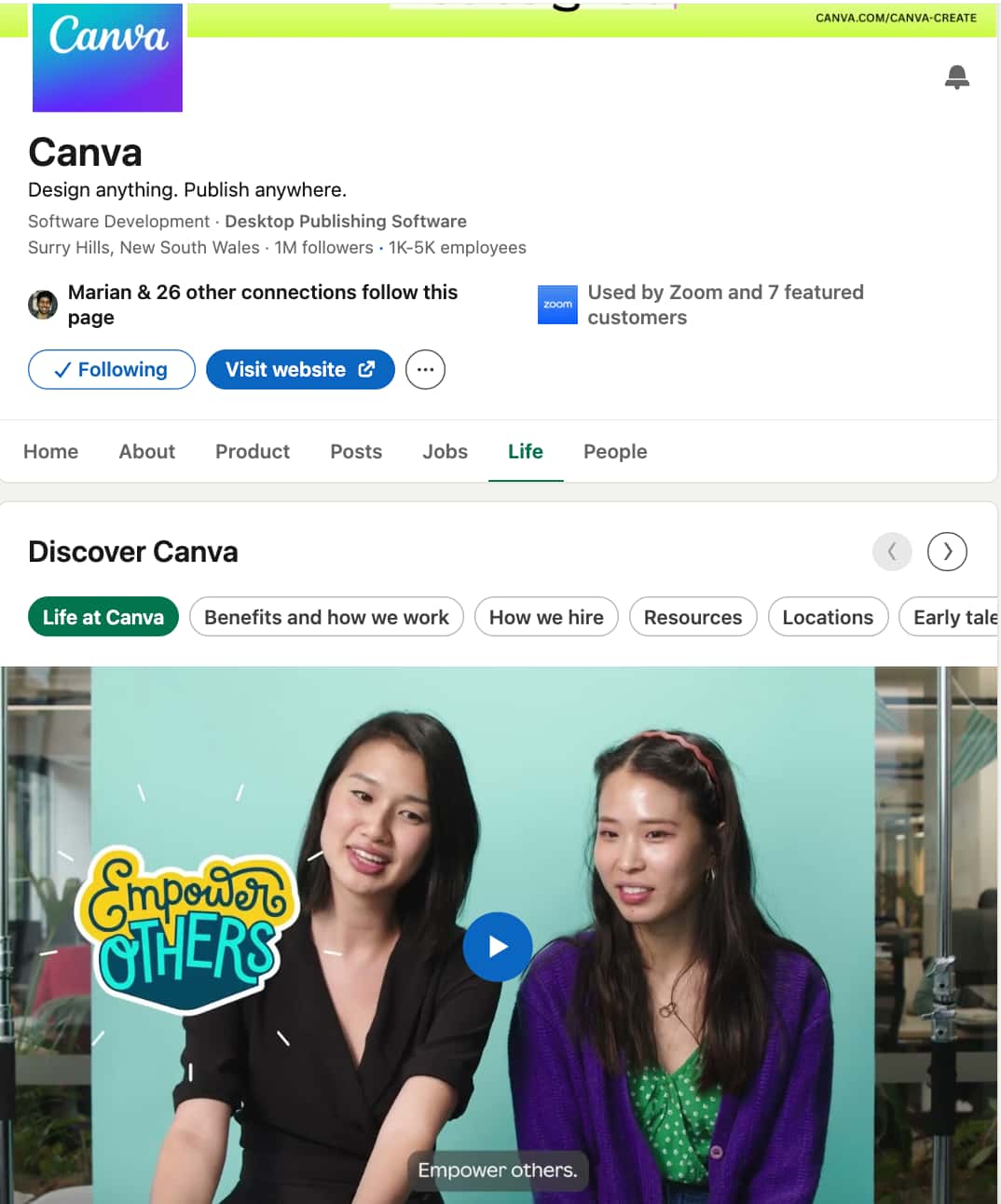 "life" tab of the canva linkedin page showing a video of two asian women with a text overlay saying "empower others"