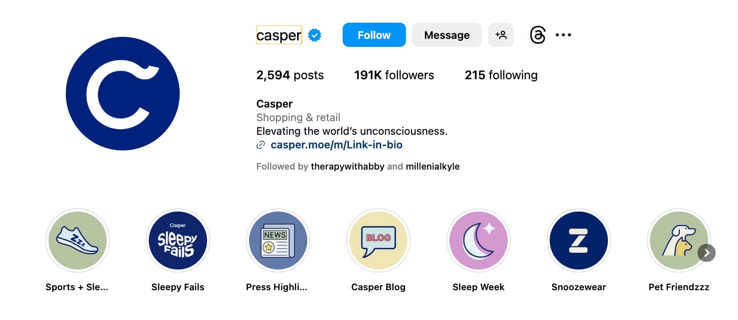 Casper Instagram profile with the brand's logo as a profile picture