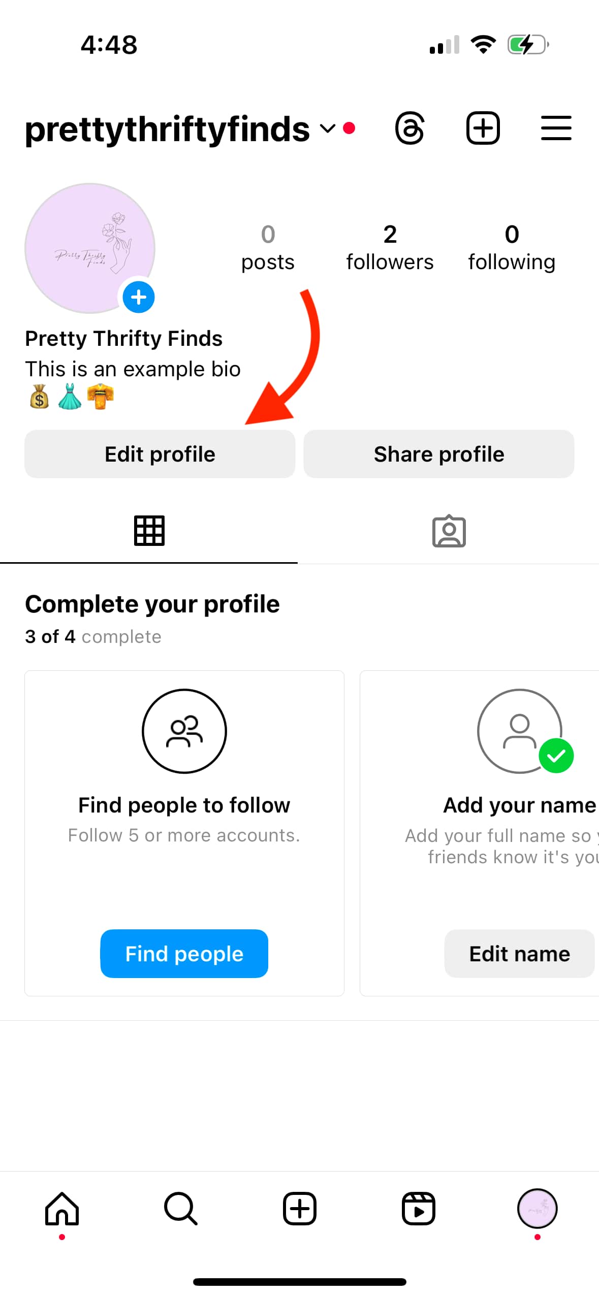 Instagram profile for "prettythriftyfinds" with arrow pointing to the "edit profile" button under the bio