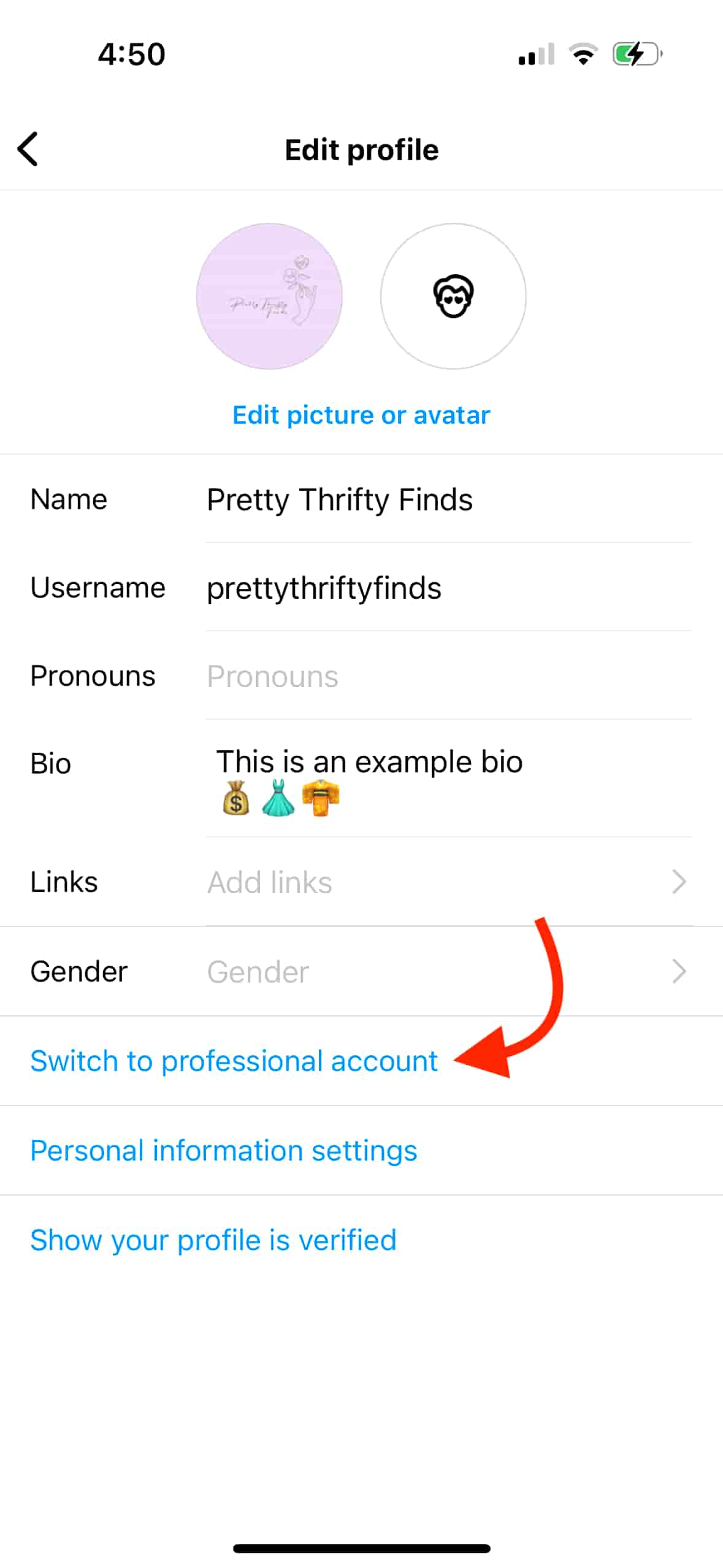 Instagram edit profile page with arrow pointing to the "Switch to professional account" button