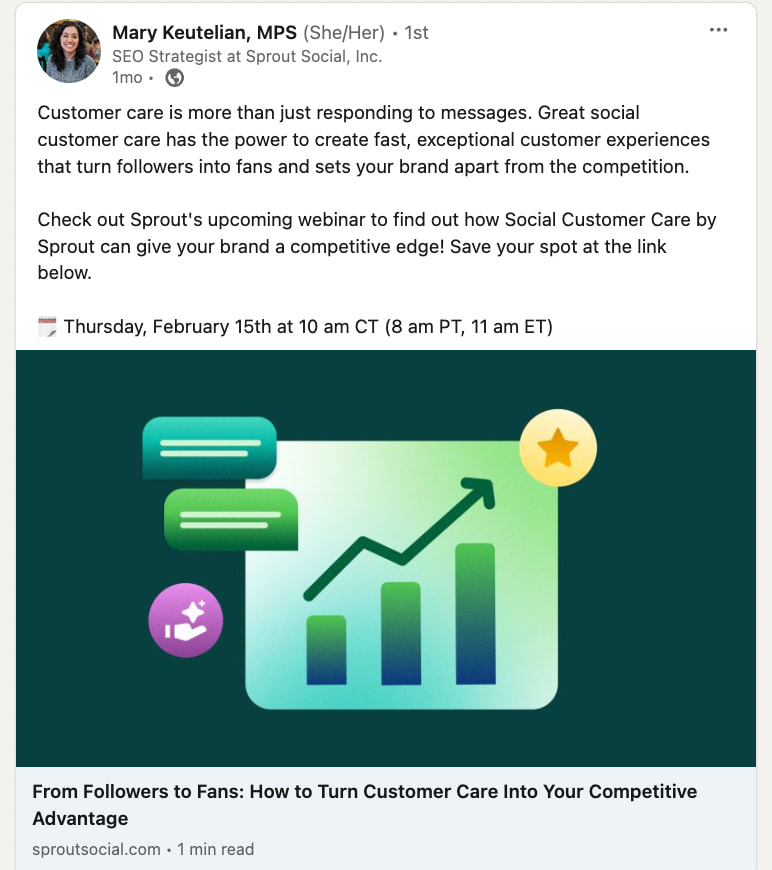 LinkedIn post from Sprout Social employee promoting an upcoming webinar
