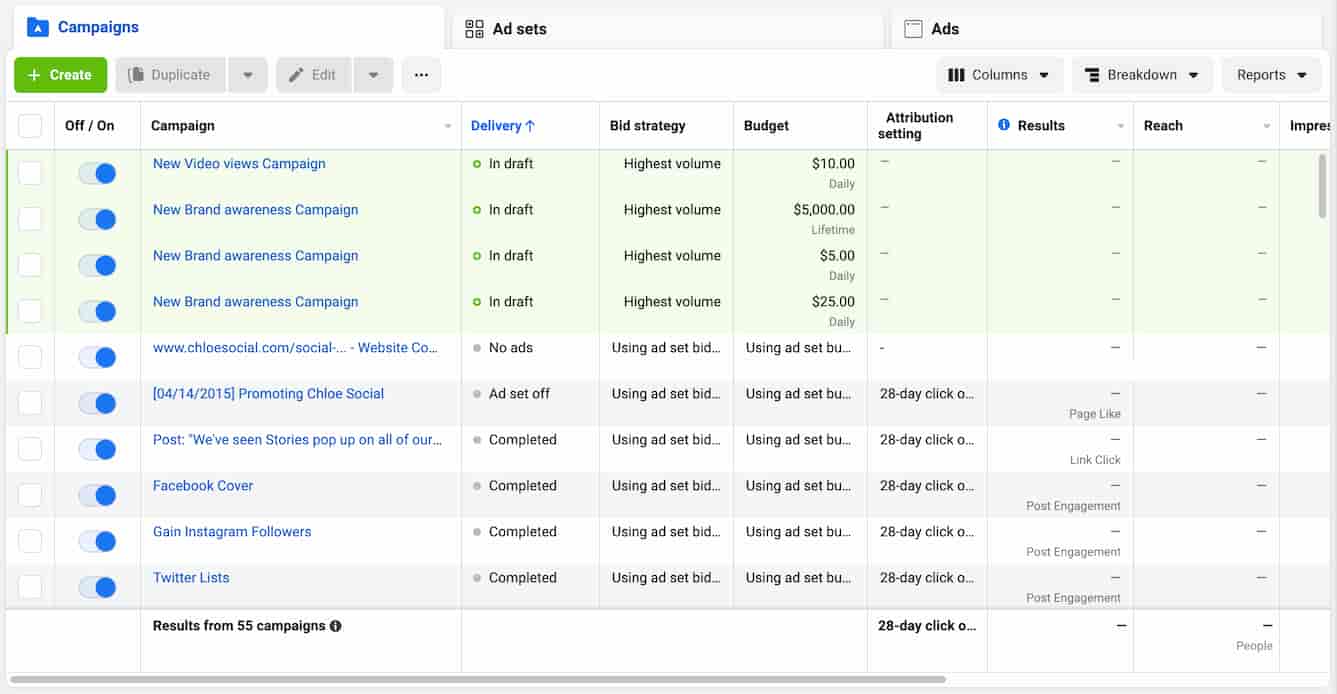 A screenshot of Facebook ads manager
