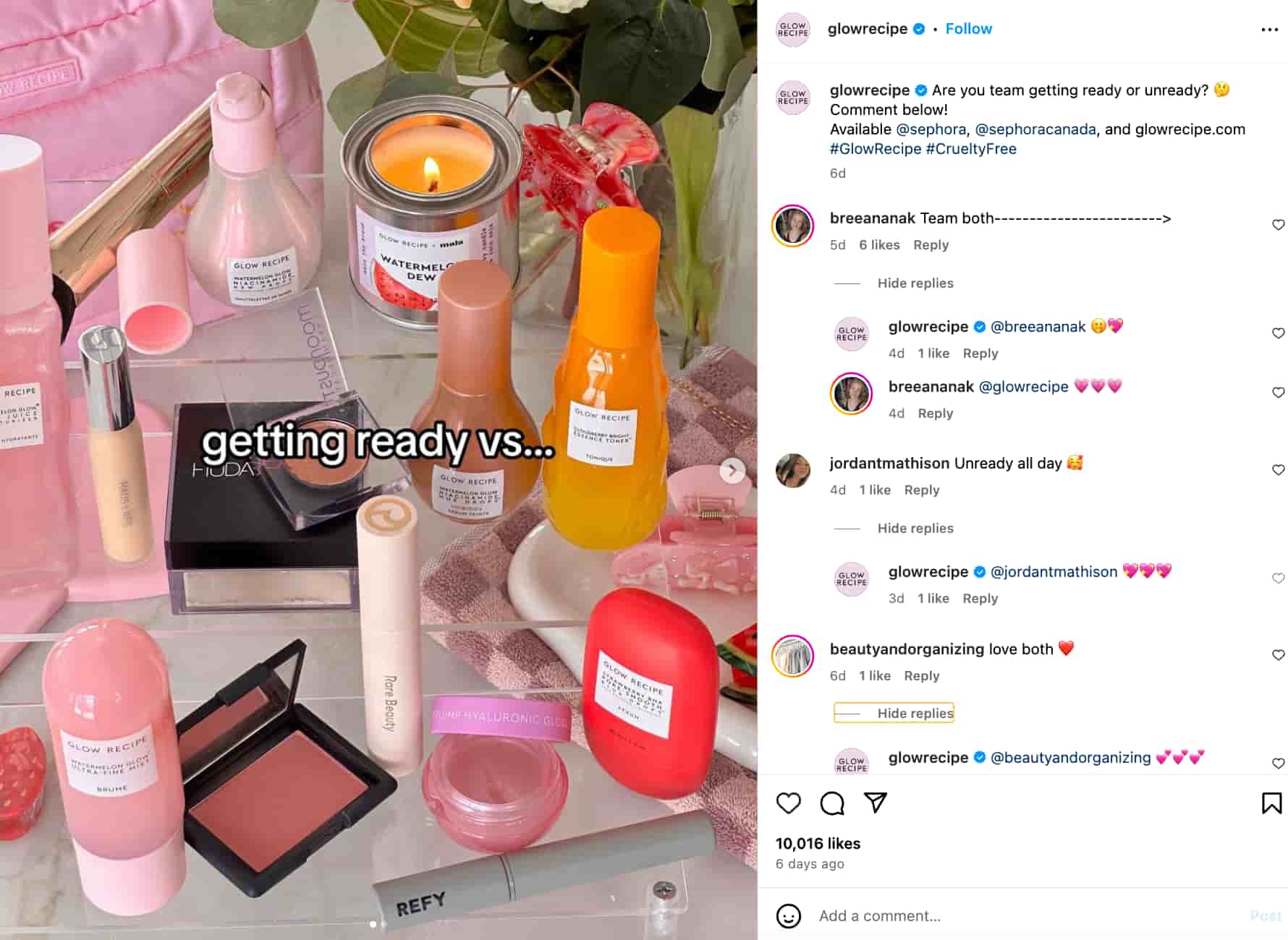Glow Recipe Instagram post featuring various brand products and a comments section where the brand responds to every comment