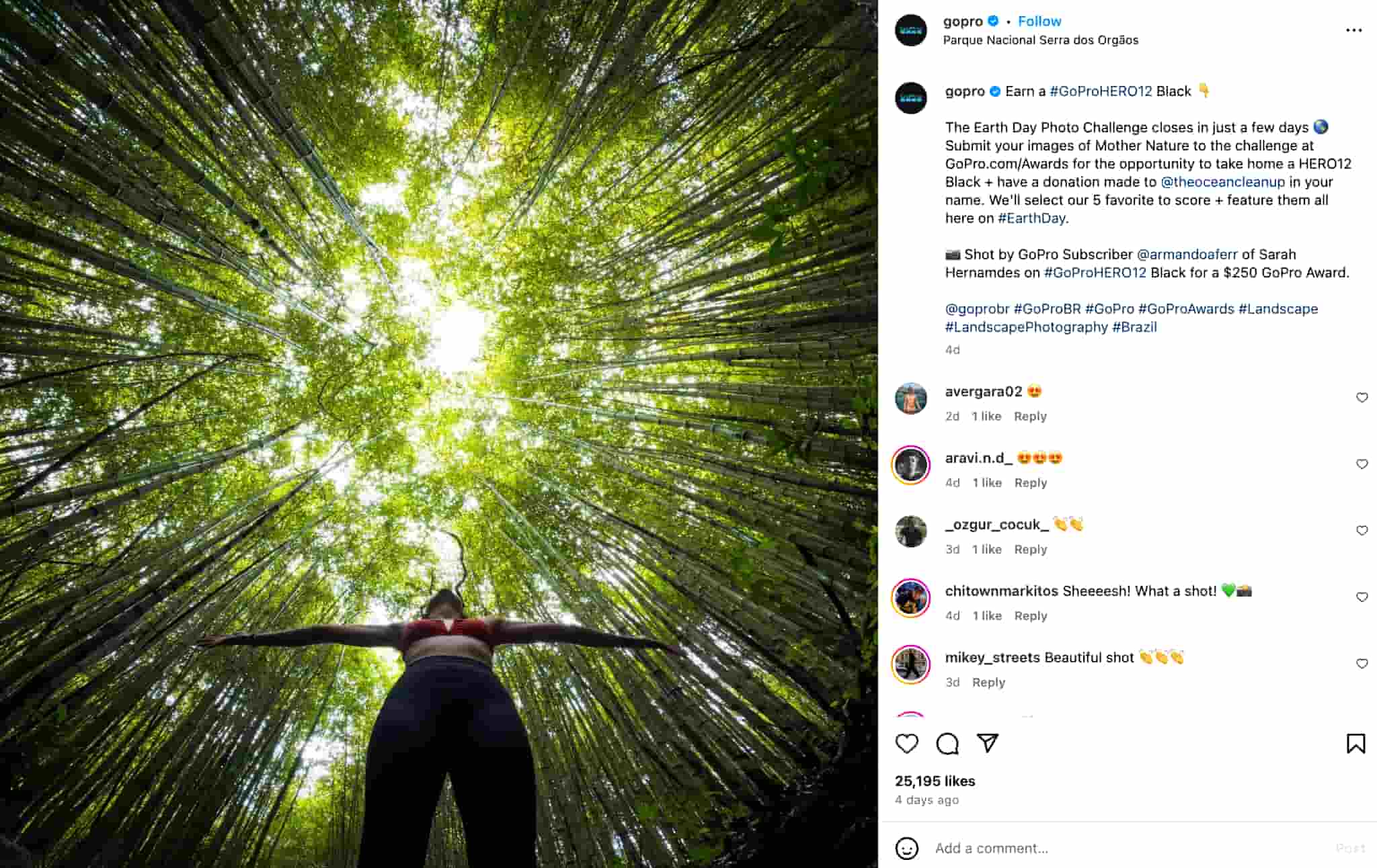 GoPro Instagram post with a user-submitted photo of a woman standing in a forest with outstretched arms