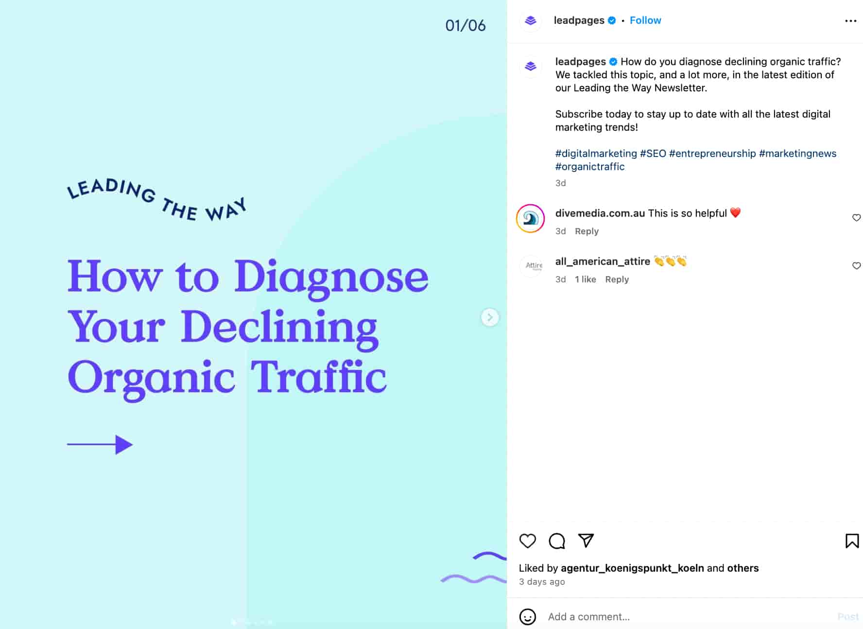 Instagram carousel post from Leadpages with an original graphic that reads "how to diagnose your declining organic traffic"