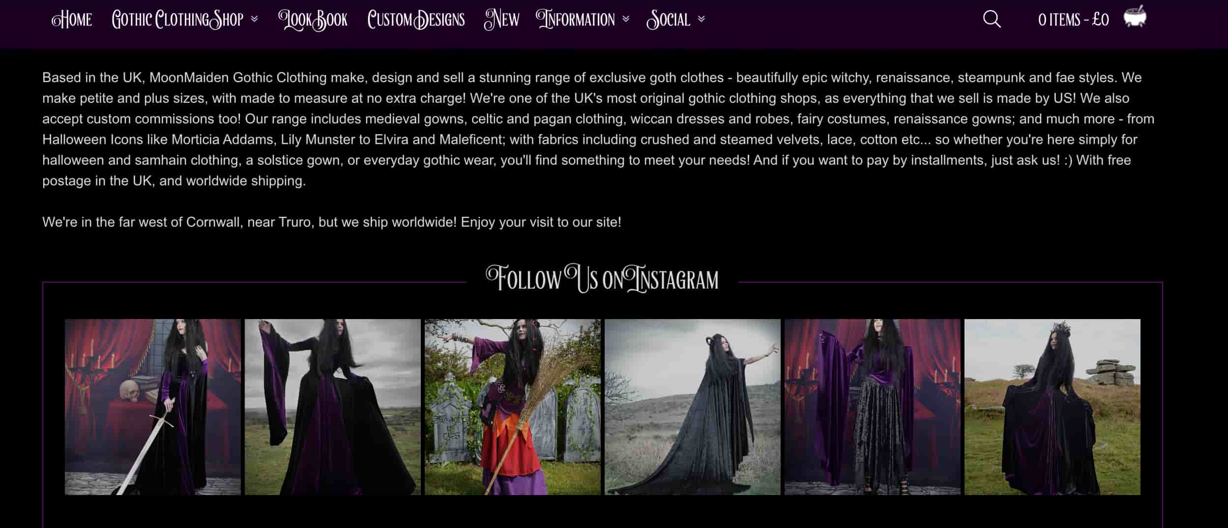 Moon Maiden website with a section that features women in black gothic gowns under text that reads "follow us on Instagram"