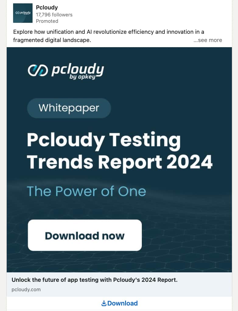 linkedin promoted post from pcloudy showing the pcloudy testing trends report 2024 with the option to download