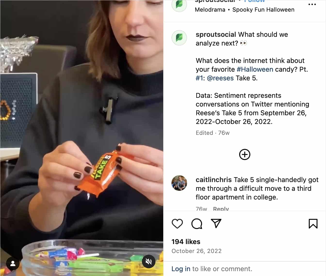 Screenshot of a Sprout Social Instagram Reel with a caption suited with the Halloween season, using appropriate seasonal hashtags.