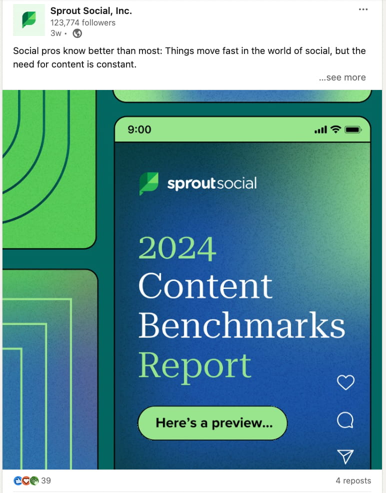 linkedin post from sprout with the 2024 content benchmarks report as a native document