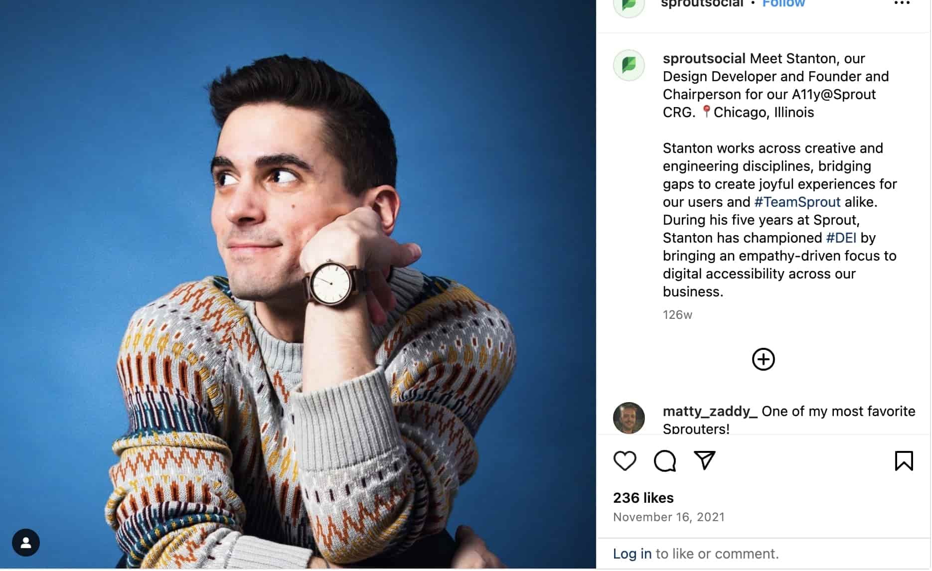 Screenshot and headshot of a Sprout Social employee posted on Instagram.