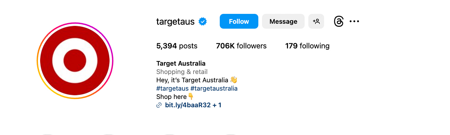 Target Australia Instagram profile with hashtags #targetaus #targetaustralia