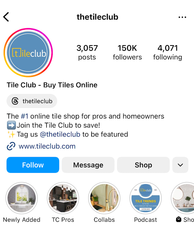 Tile Club instagram page featuring shop button