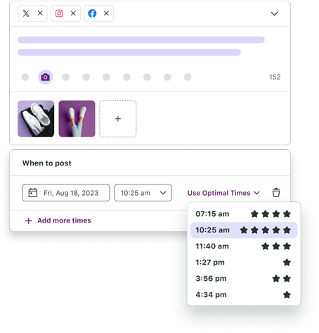 Capture d'écran de la boîte de rédaction de Sprout Social avec la liste déroulante « Utiliser les heures optimales » sélectionnée avec plusieurs heures fournies comme options pour planifier les publications sur les réseaux sociaux pour un engagement le plus élevé. 