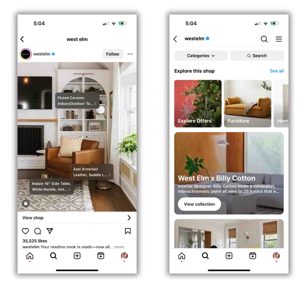 one photo showing west elm shoppable post that features a brown leather armchair in a living room and tagged items in the photo and another picture showing the West Elm Instagram shop page with offers and collections
