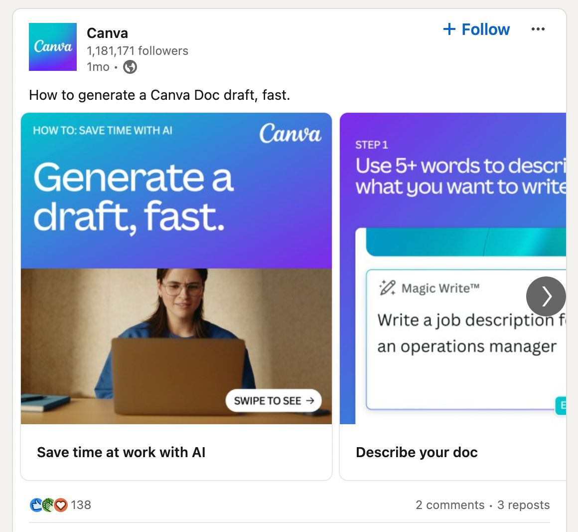 Canva LinkedIn carousel ad that shows how easy the tool is to use by combining simple one-sentence explanations and supporting images.