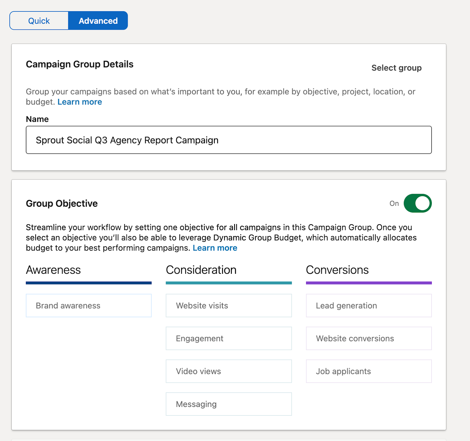 Campaign objectives for a LinkedIn carousel ad where you can choose group objectives of awareness, consideration and conversions.