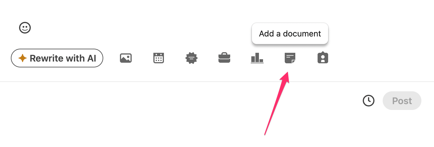 Click on the document icon to add a document to a LinkedIn post.