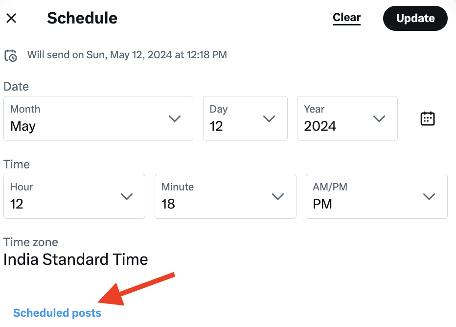 tweet schedule window with arrow pointing to the "Scheduled Tweets" link