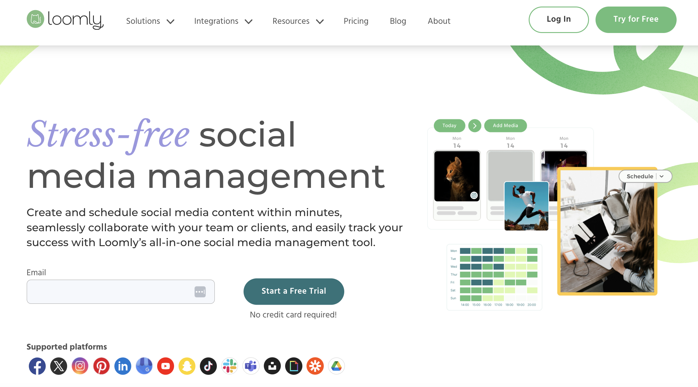 Loomly homepage with text that reads "stress-free social media management"