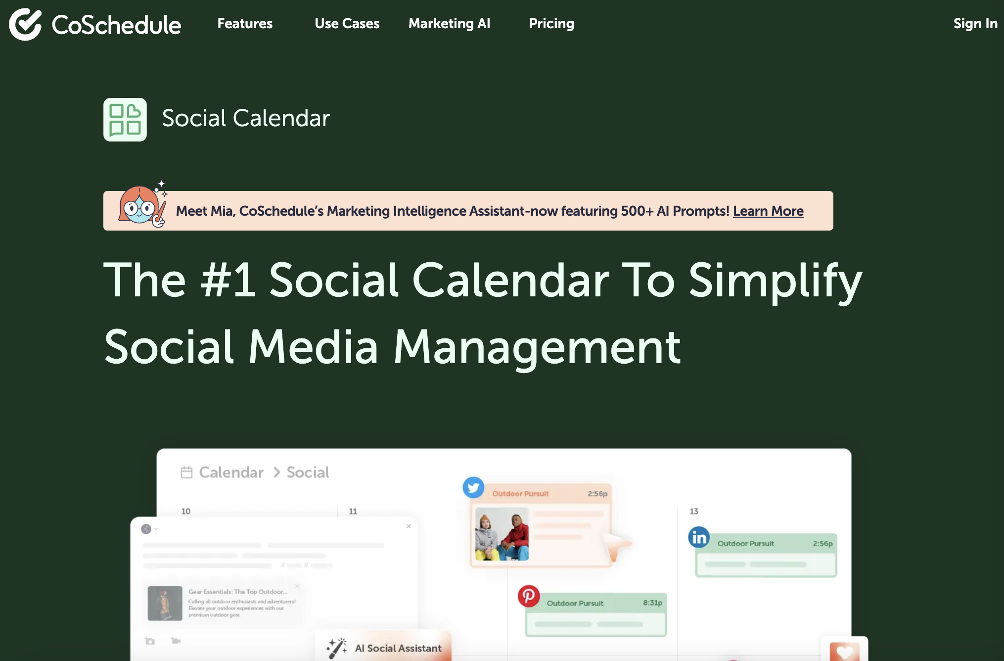 CoSchedule social calendar showing a preview of the calendar and text that reads "the number one social calendar to simplify social media management"