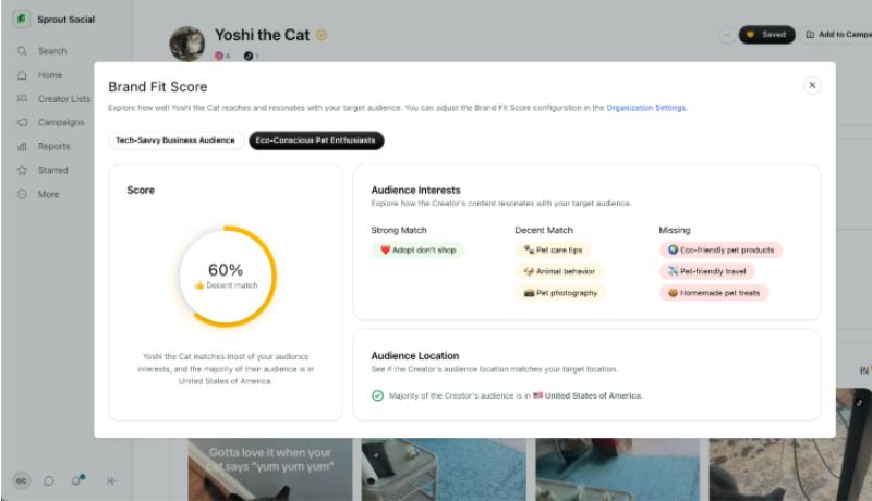 Sprout’s Influencer Marketing platform shows Brand Fit Scores for influencer profiles.