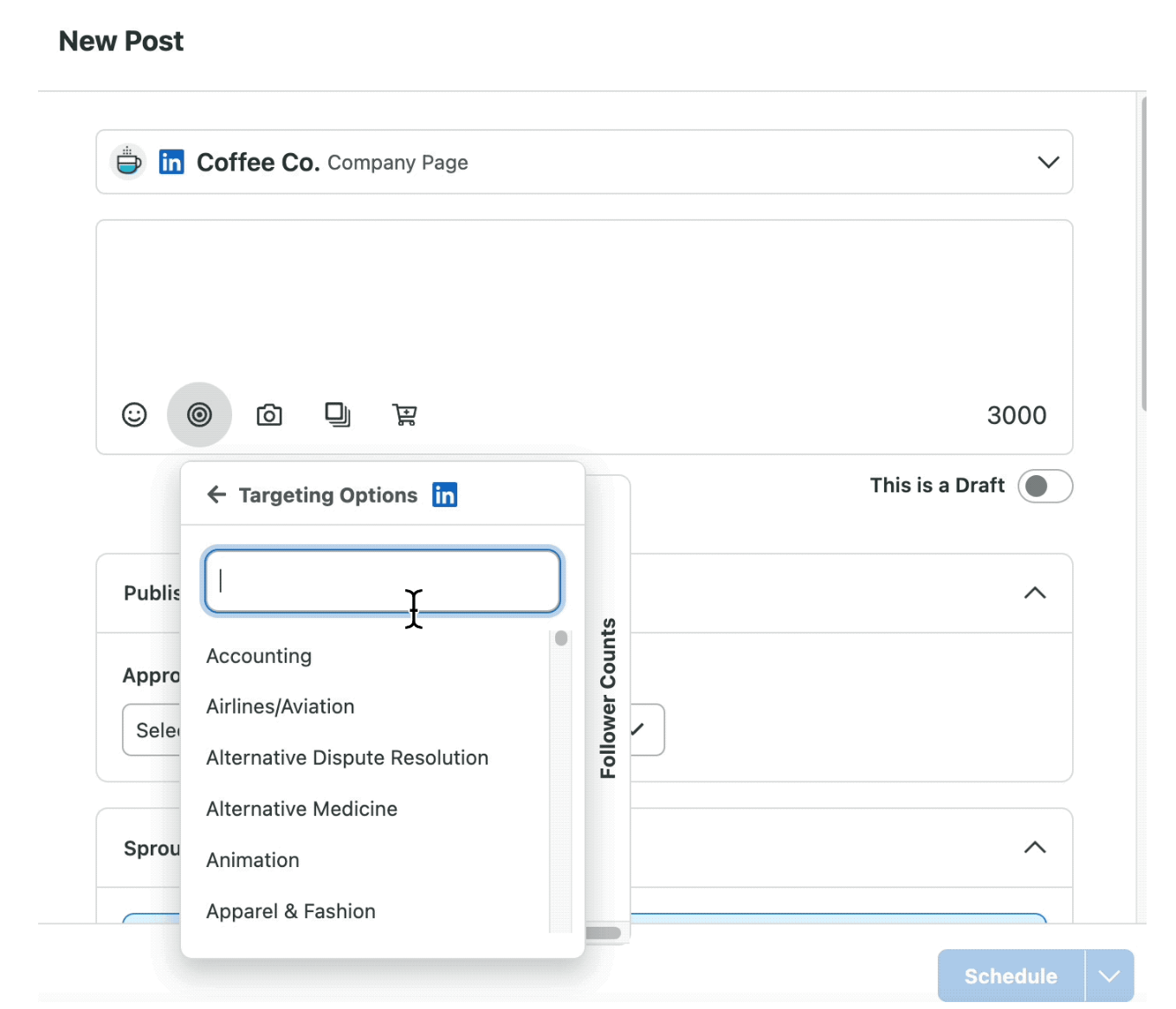 LinkedIn targeting options inside Sprout Social where you can choose options from a drop down.