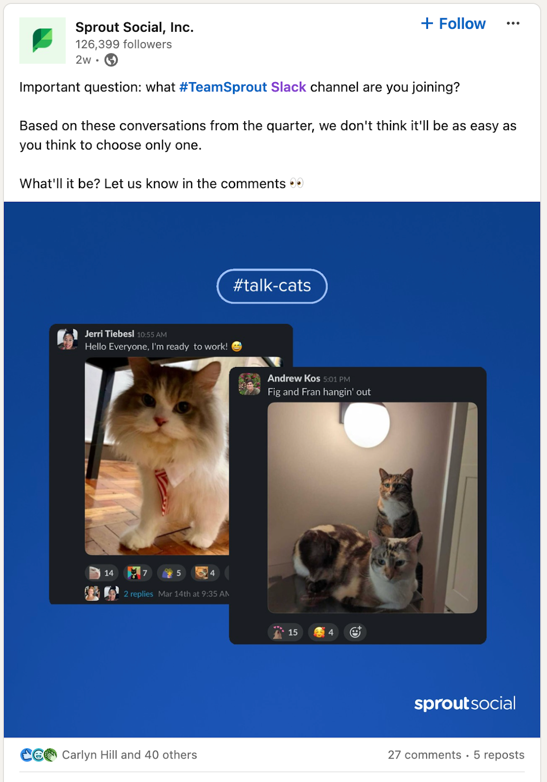 Sprout Social LinkedIn Carousel posts drive up engagement and gather valuable insights from customers (and potential customers) on products and features