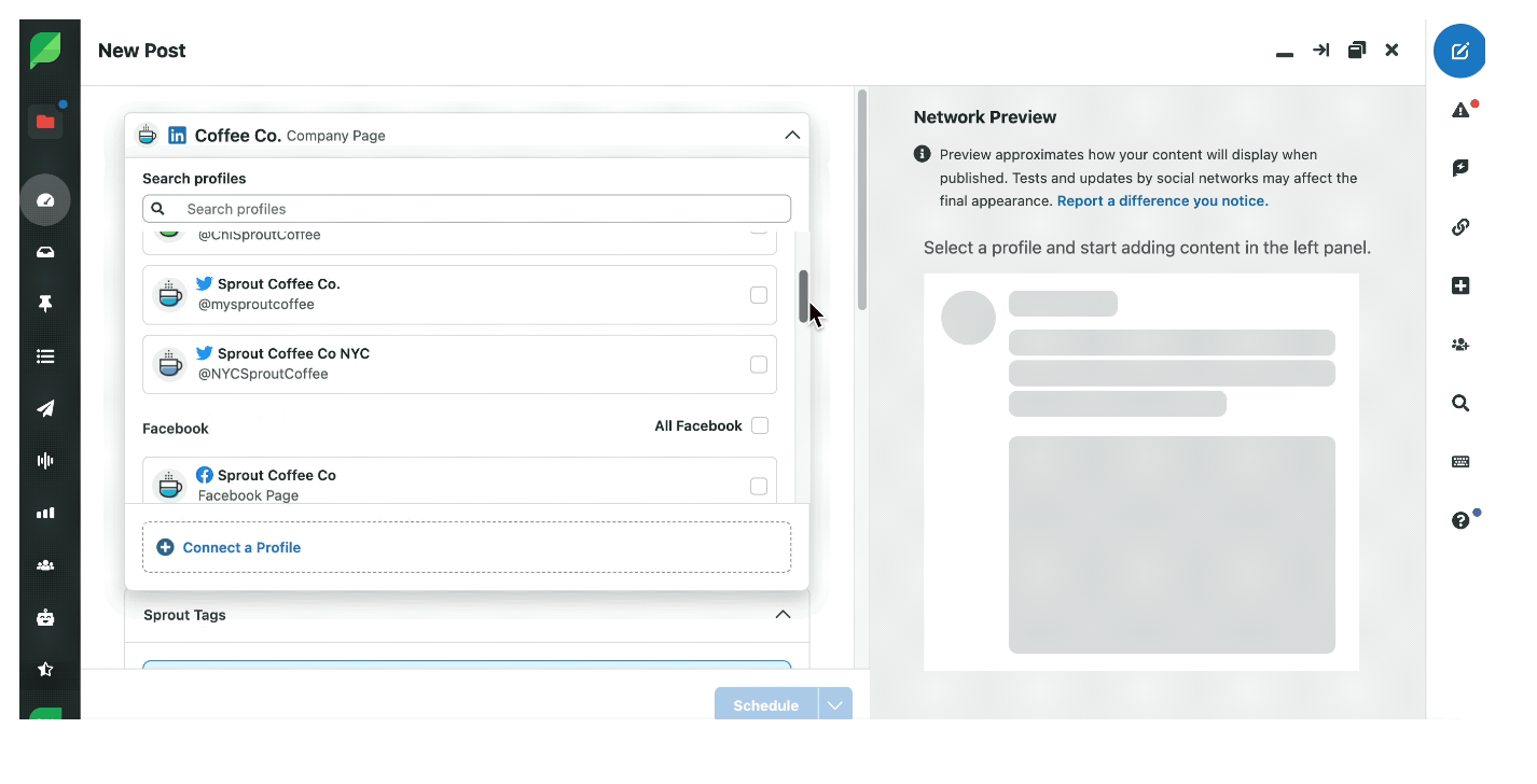 Select a business profile using Sprout Social from within the dashboard for your Linkedin post.