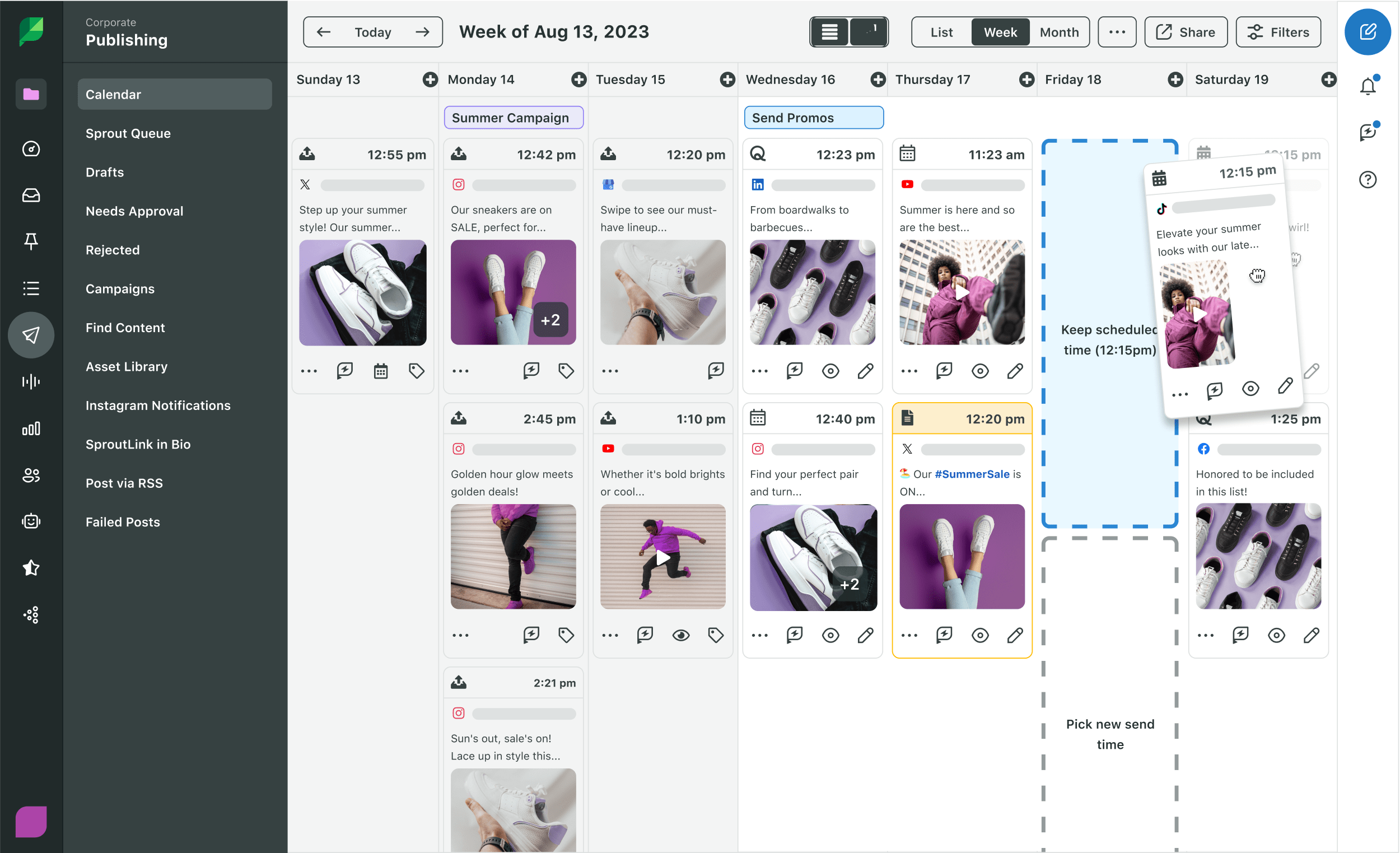 Sprout Social's Publishing calendar in week view showing scheduled posts across networks. 