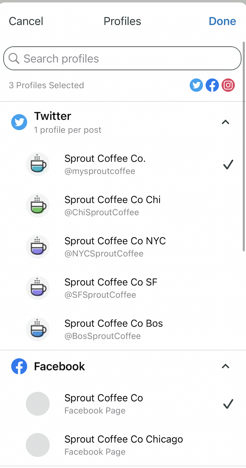 List of Twitter and Facebook profiles on Sprout mobile with Sprout Coffee Co. profiles selected