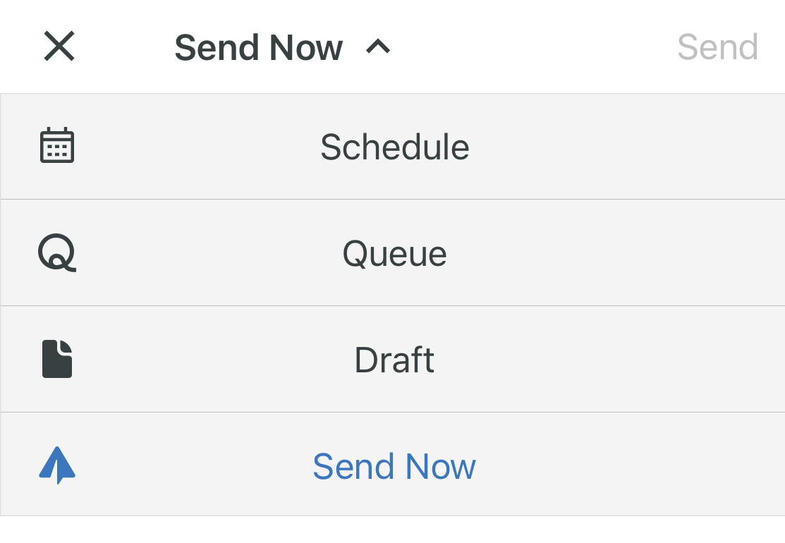 "Send Now" drop-down menu on Sprout Mobile with options to Schedule, Queue, Draft or Send Now