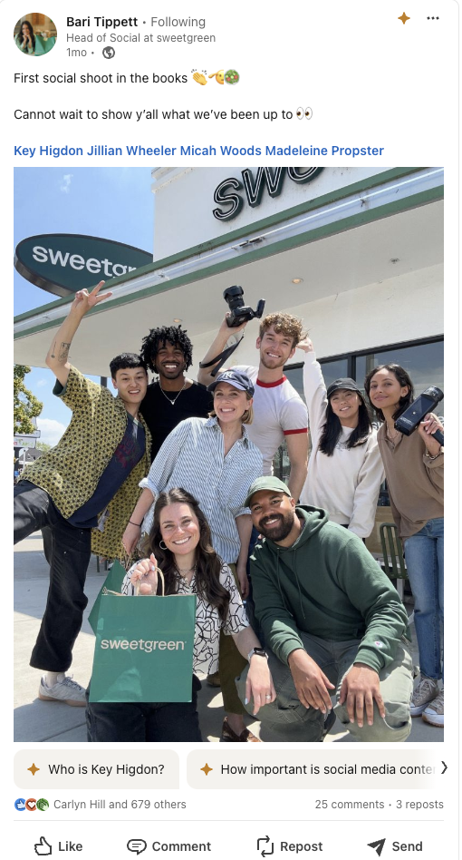A LinkedIn post from Bari Tippet behind the scenes of a shoot with the Sweetgreen team.