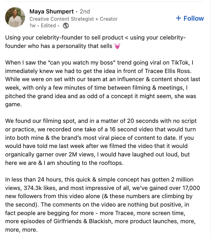 A LinkedIn post from Maya Shumpert, a social media marketer at Pattern Beauty, explaining the process behind the success of the brand's most successful post