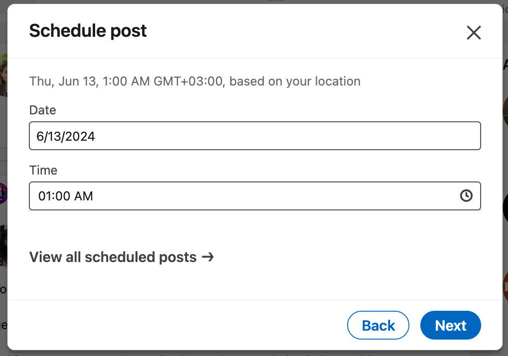 LinkedIn's native post scheduling dialogue box.