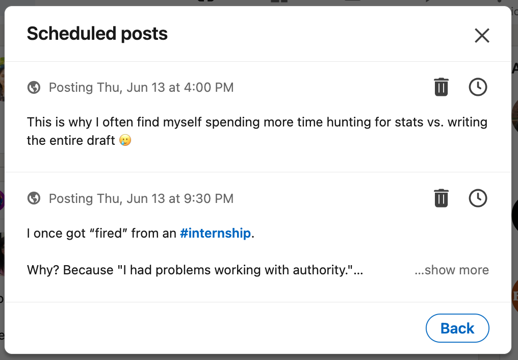 A list of scheduled posts on LinkedIn.