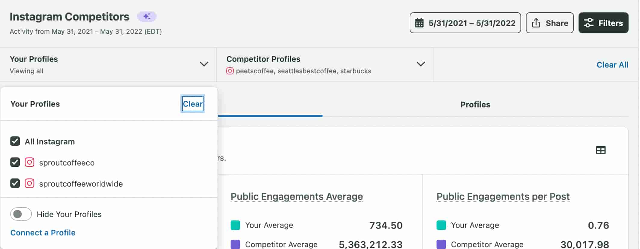 Screenshot of timeframe button on Sprout's Instagram Competitor Analysis Report