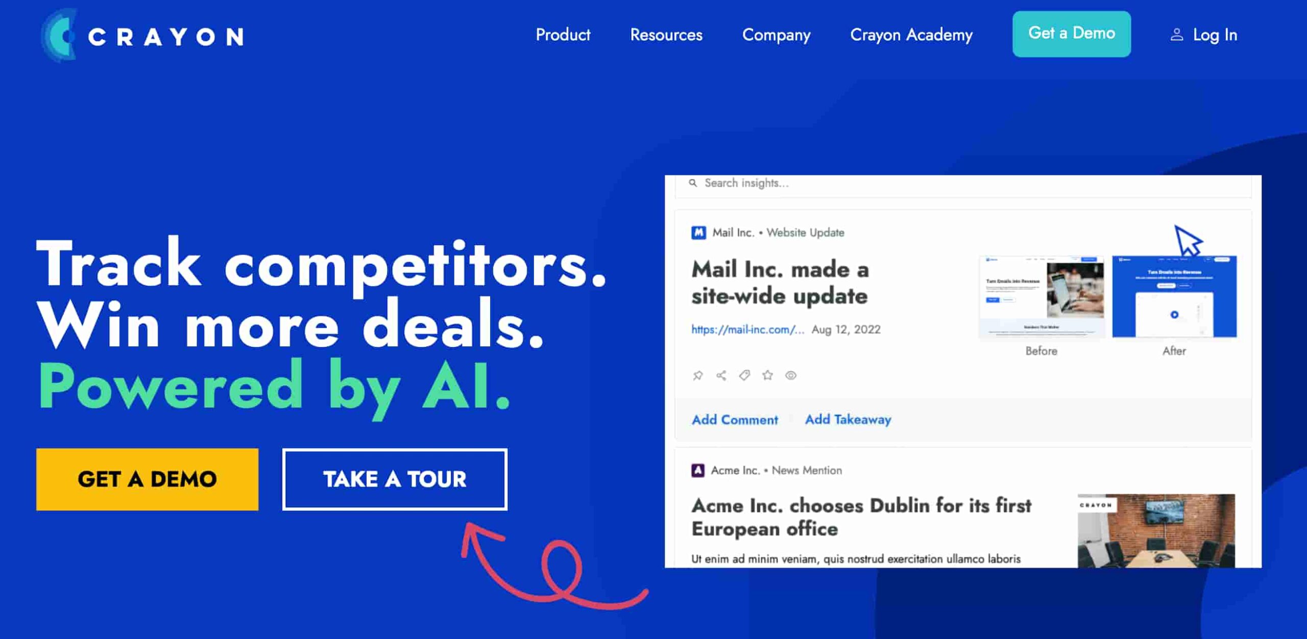 A screenshot of the Crayon.co homepage, where a headline that reads "Track competitors. Win more deals. Powered by Al." The page also features product examples using website changes.