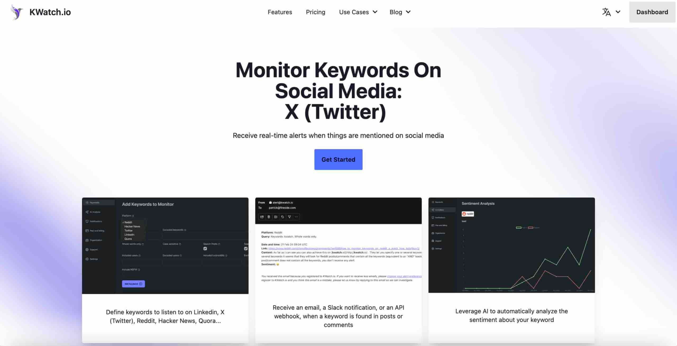 This is a screenshot of the KWatch.io website, which offers Twitter monitoring features. The tool provides real-time alerts when keywords are mentioned on Twitter, as well as sentiment analysis and other features.