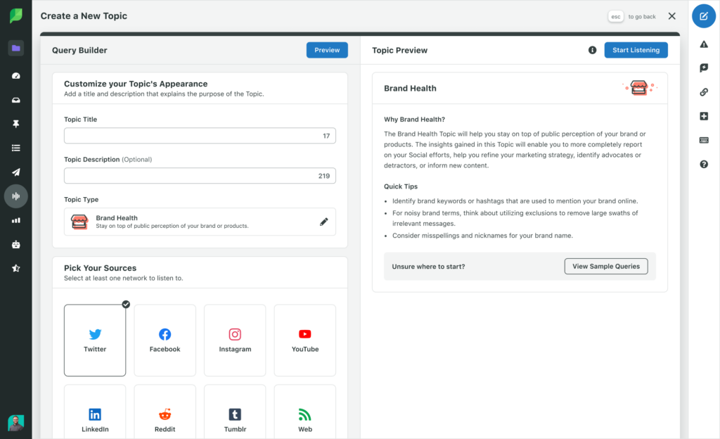 Sprout Social's query builder showing how to track topics