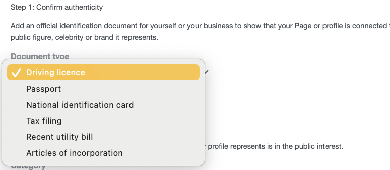section of Facebook Page verification form to confirm authenticity with a drop-down menu showing the different document types to choose from