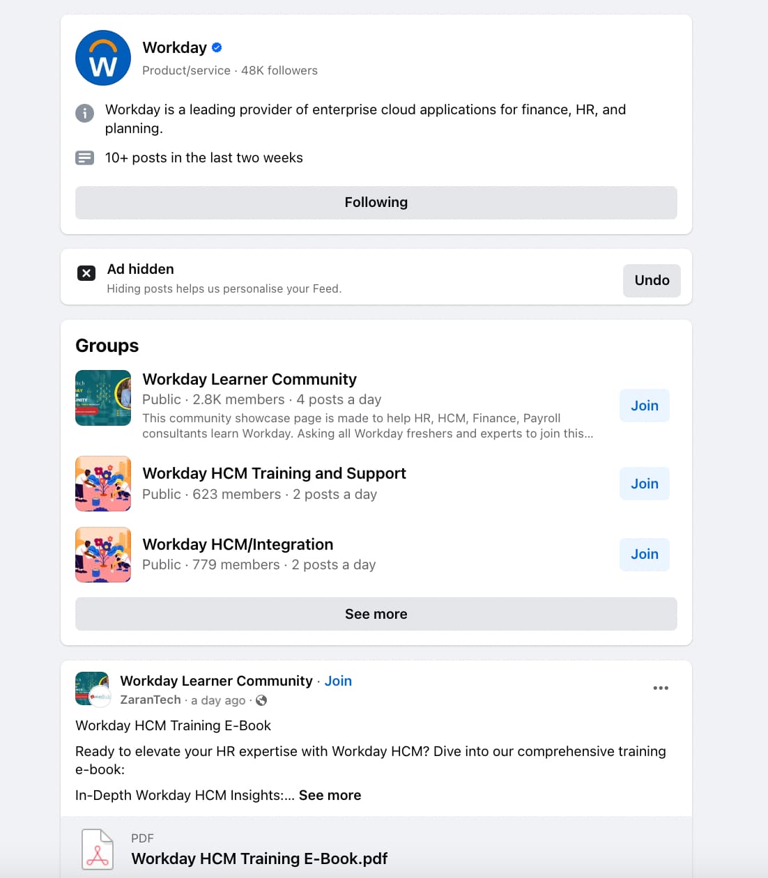 Facebook search results for Workday showing the company's verified page at the top of the results