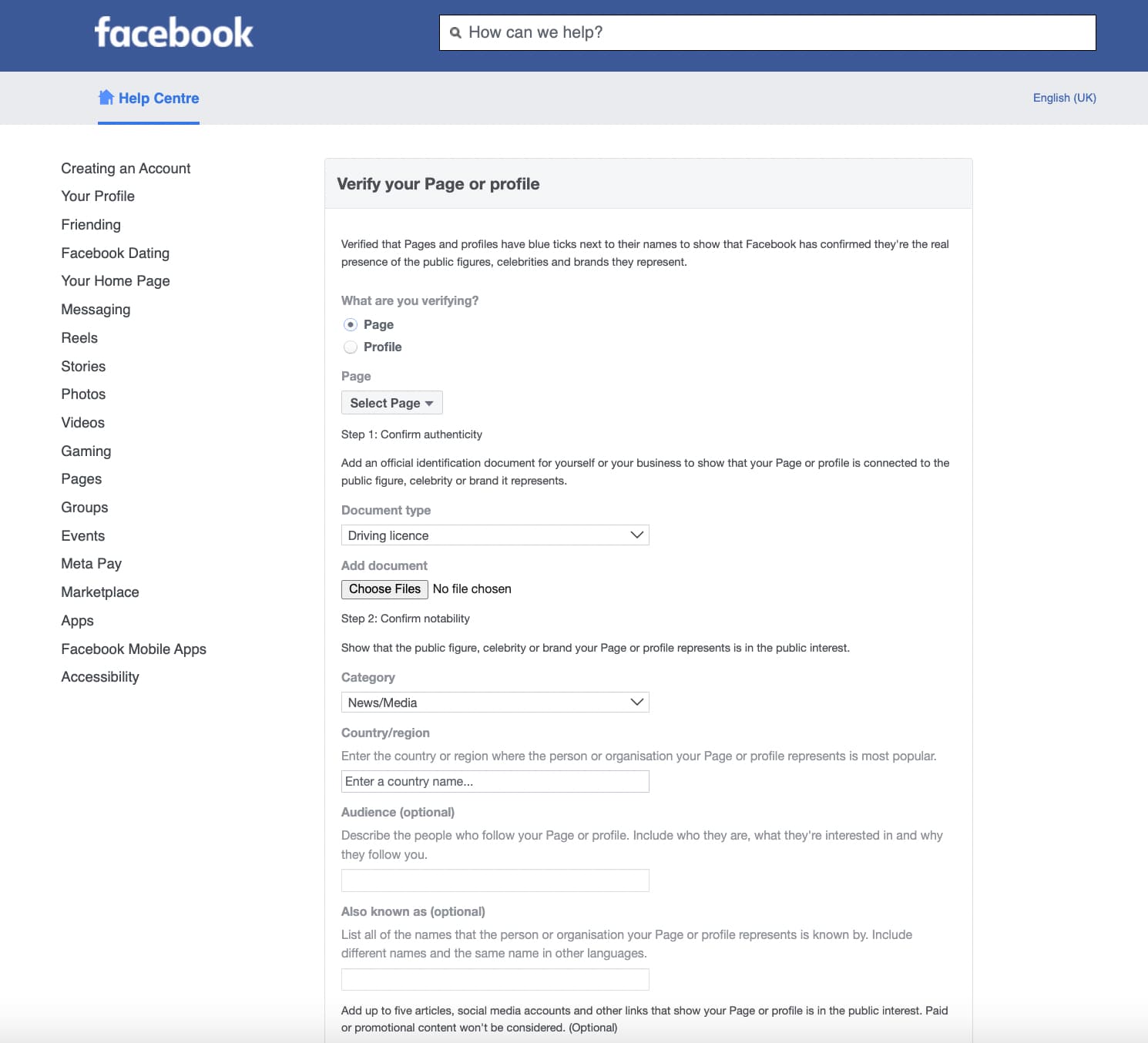 Facebook verification form showing the different steps to complete your application for a verification badge