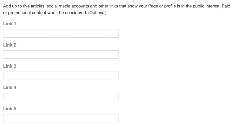 section of Facebook Page verification form showing 5 fields to add links to articles or social media accounts mentioning your brand