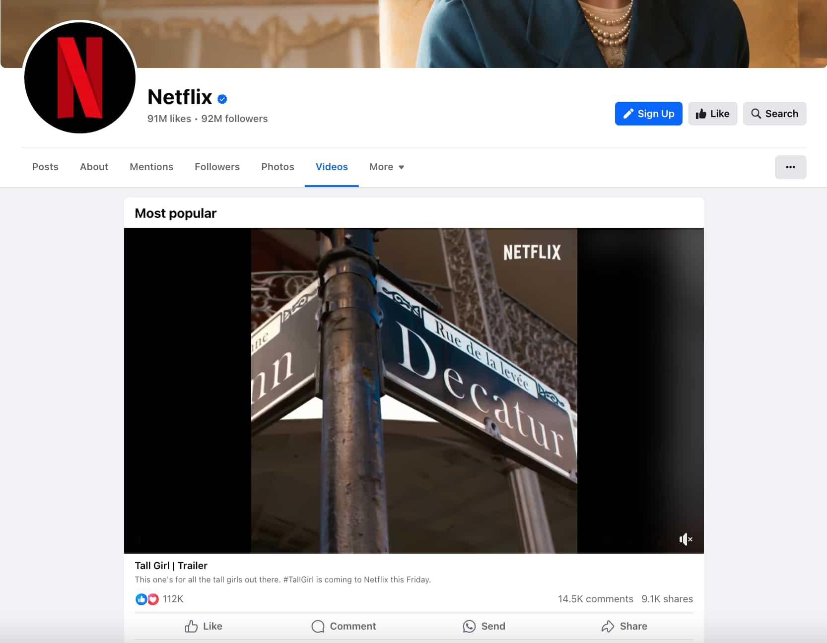 a Facebook video post by Netflix showing a trailer for "Tall Girl"
