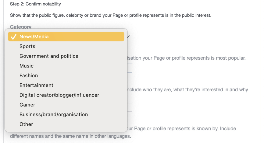 section of Facebook Page verification form to confirm notability with a drop-down menu showing the different categories to choose from