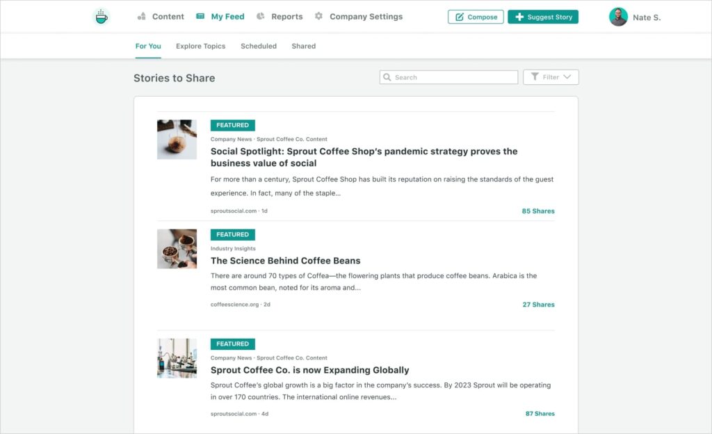 The My Feed section of Employee Advocacy by Sprout Social.