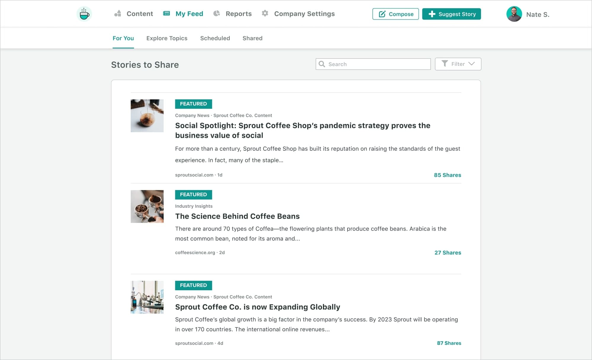 The My Feed section of Employee Advocacy by Sprout Social. 