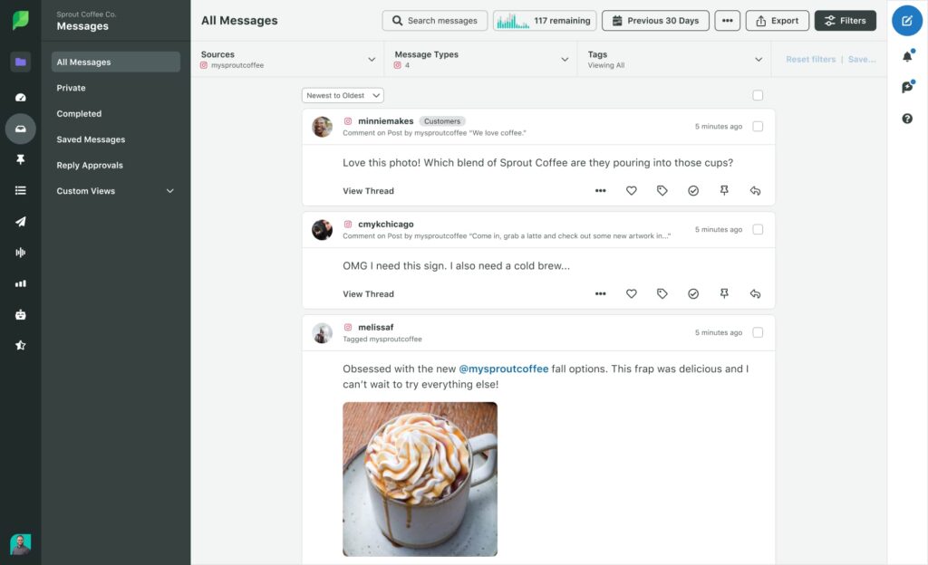 Sprout Social Smart Inbox showing a list of comments and brand mentions on Instagram